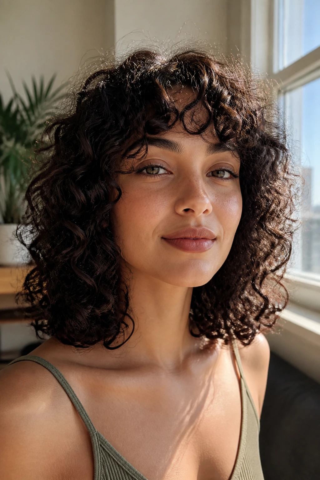 Portrait of a real woman with a soft blunt perimeter and hidden layers in shoulder-length curls