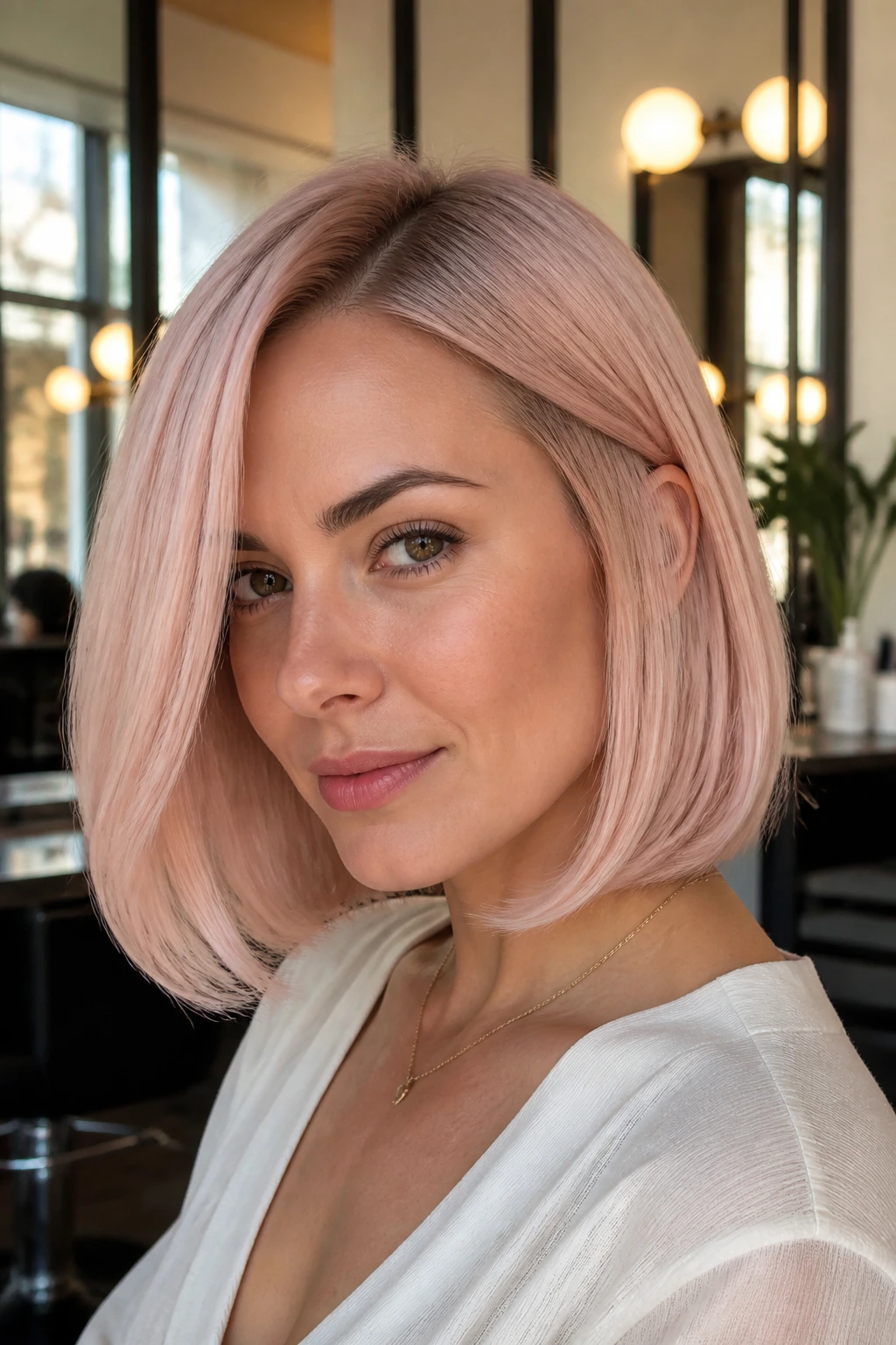 Close-up portrait of a real woman with a soft blush lob on blonde hair.