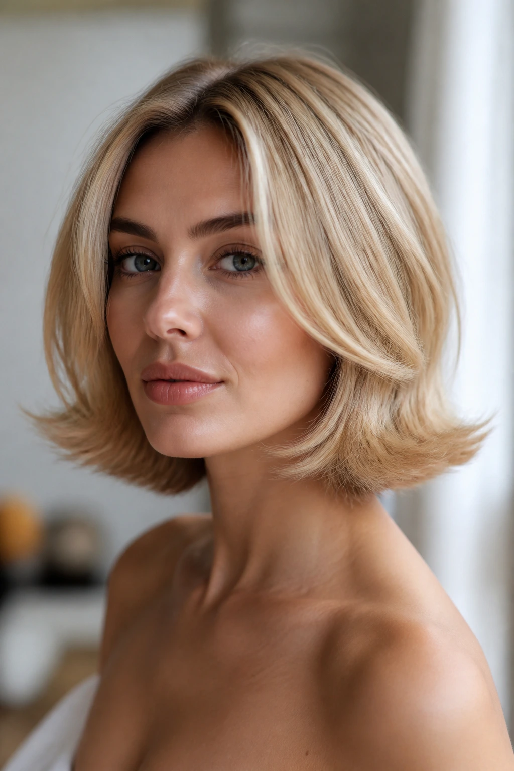 Close-up of a blonde bob with flipped ends