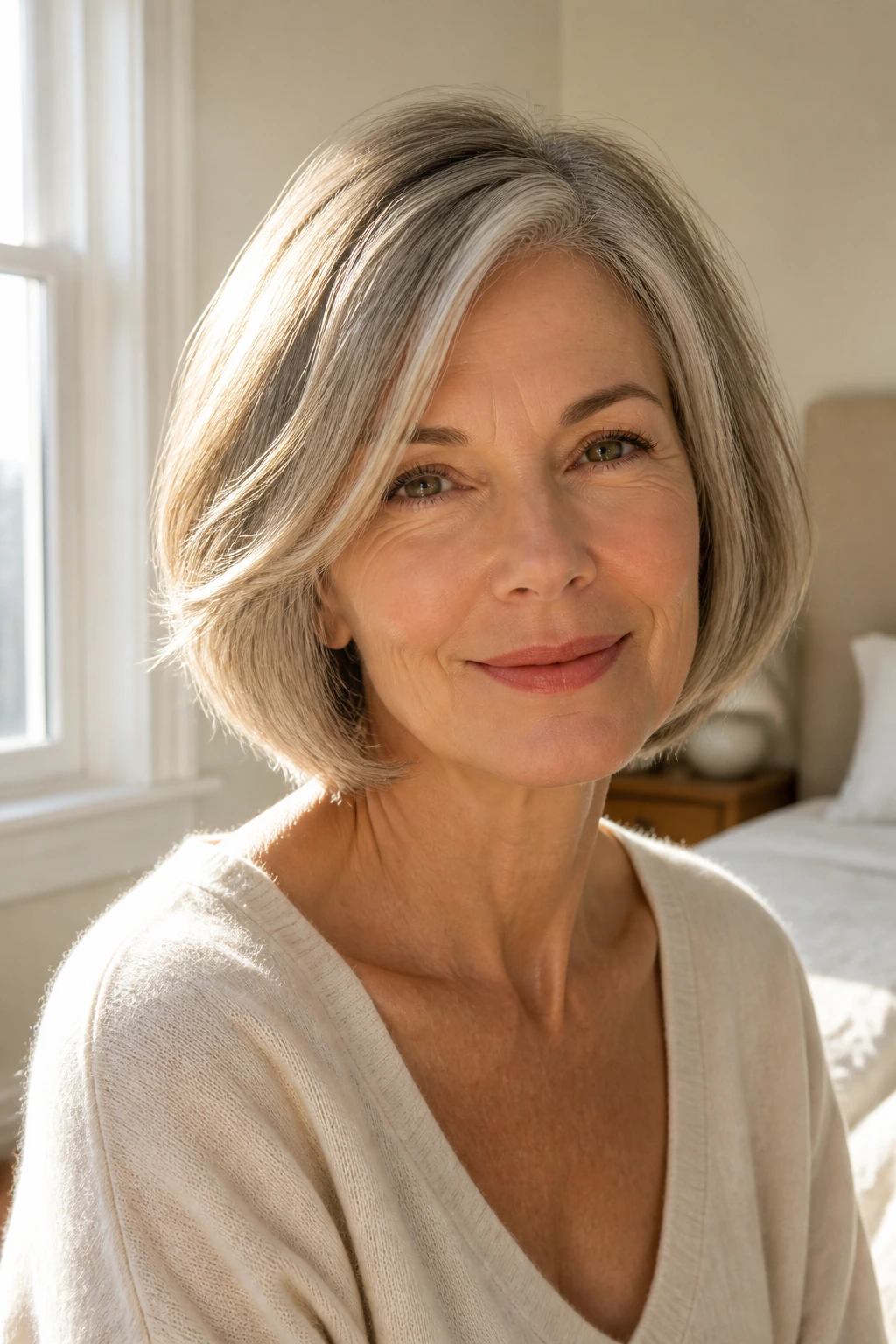 Real woman with soft chin-length bob and side part in natural window light