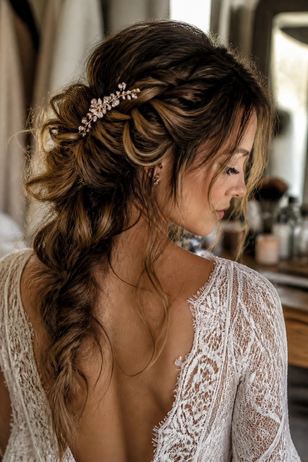 Close-up of bride with soft boho hairstyle showing texture and movement, natural window light