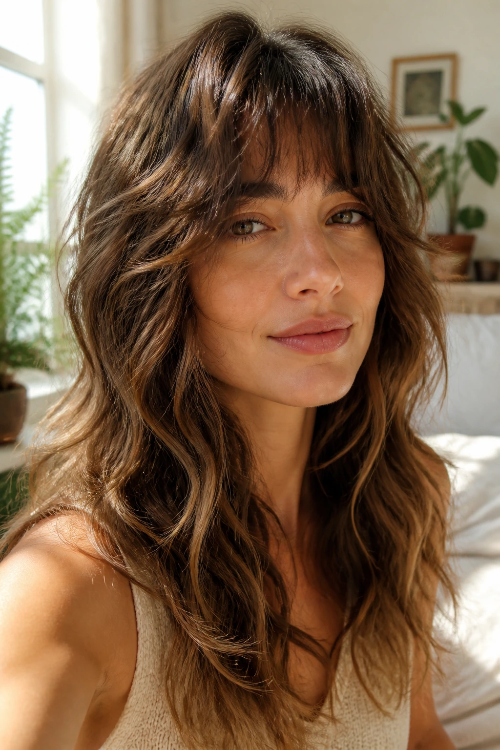 Close-up portrait of real person with soft boho shag hairstyle featuring feathery fringe and layered waves