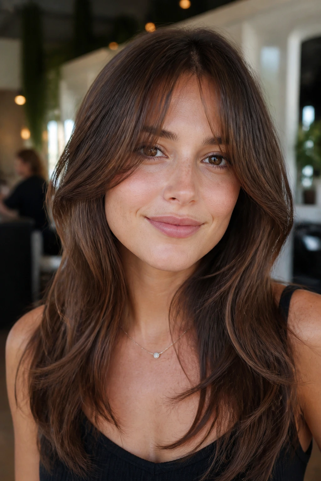 Close-up of a real woman with soft bottleneck bangs and layered edges