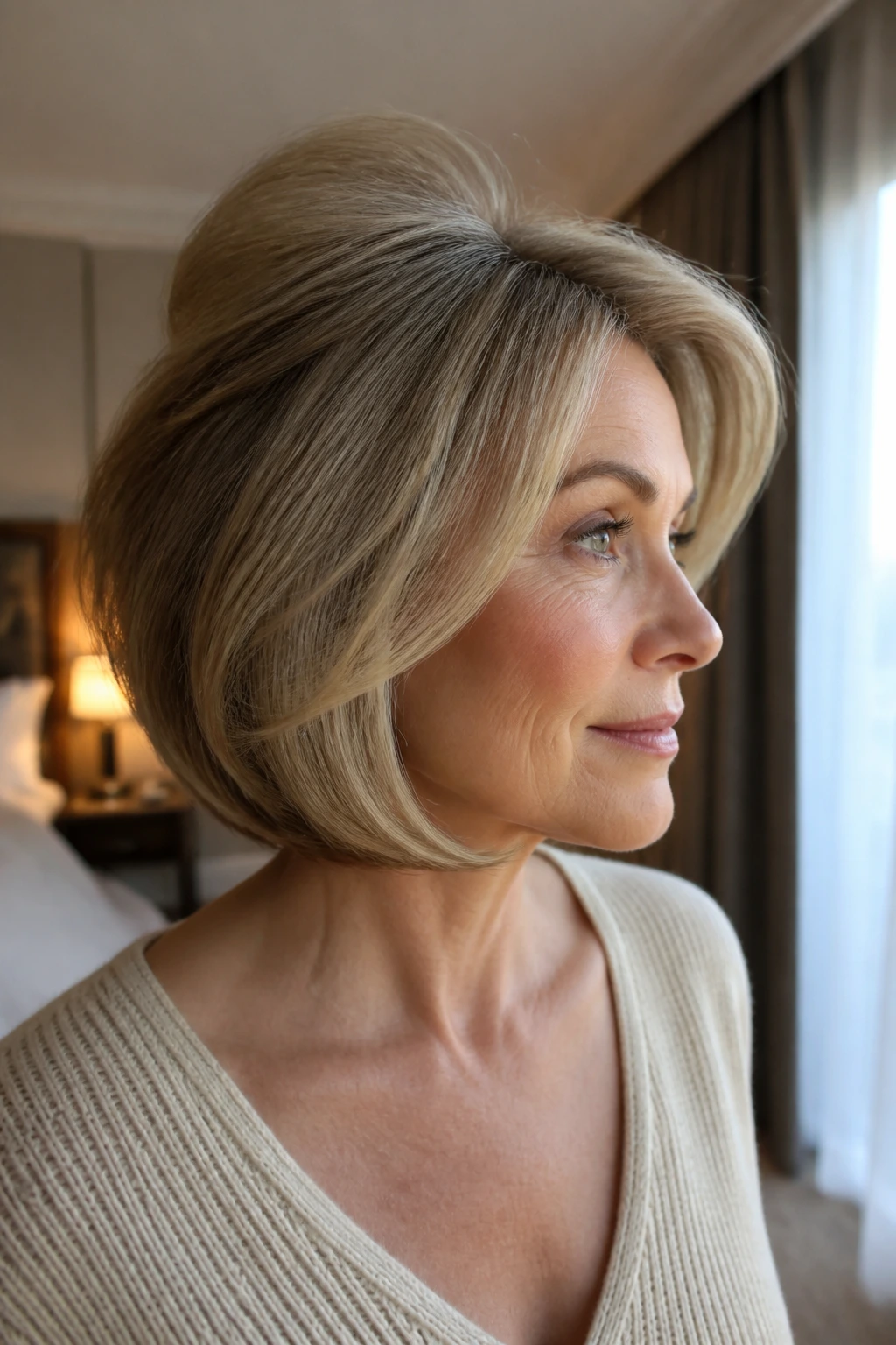 Soft bouffant bob styling close-up portrait with crown lift.
