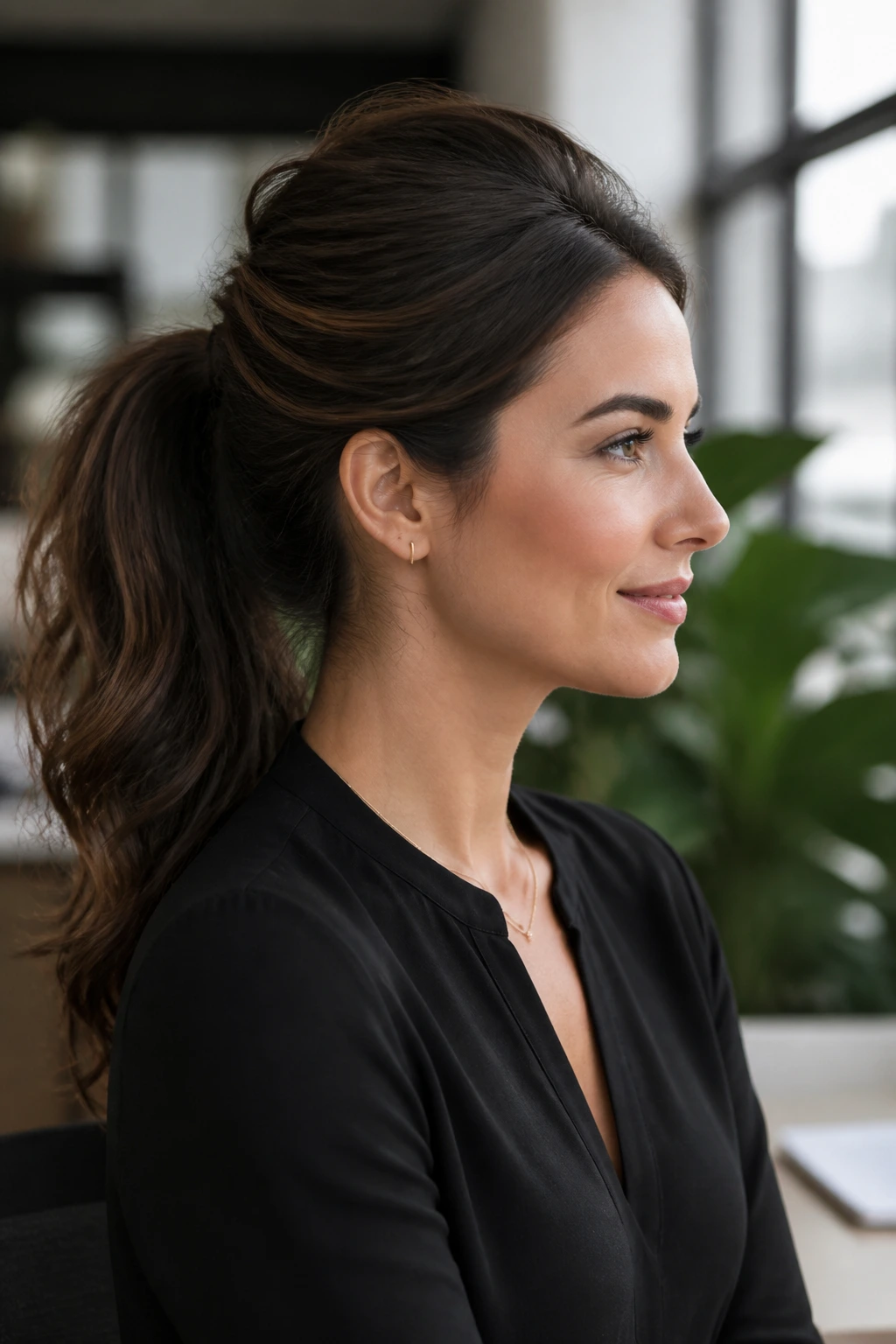 Close-up of a real woman wearing a Soft Bouffant Ponytail in a bright office.