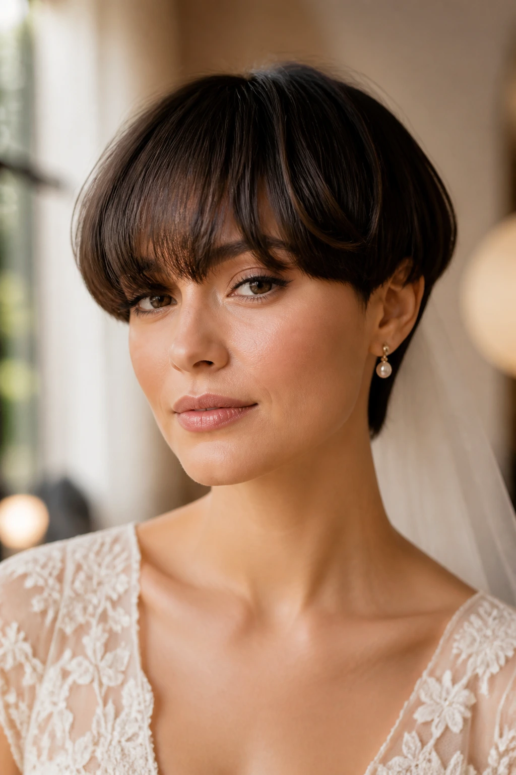 Close-up of a real bride with a soft bowl cut and fashion-forward finish