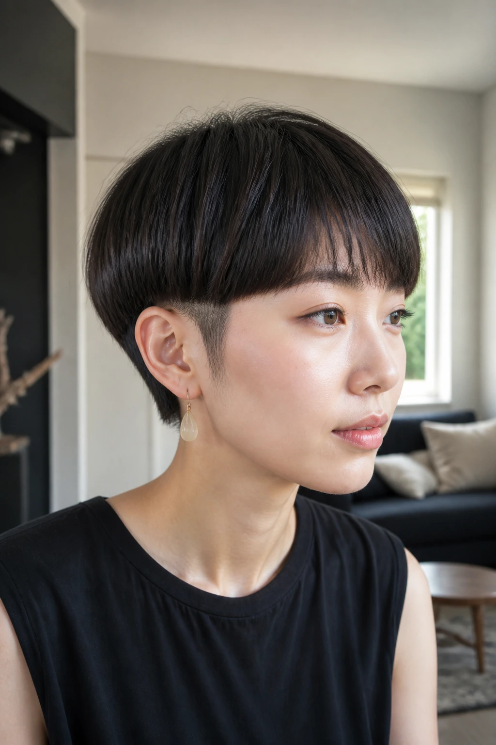 Portrait of an Asian woman with a soft bowl cut and hidden undercut