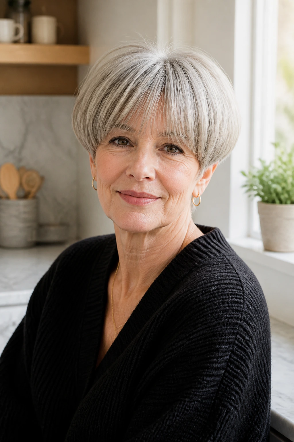 Close-up portrait of a real woman with a soft bowl cut showing movement