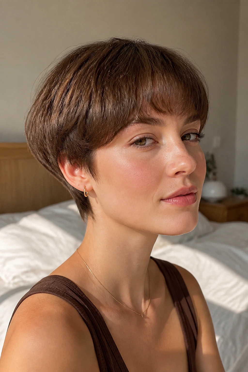 Woman with soft bowl cut portrait