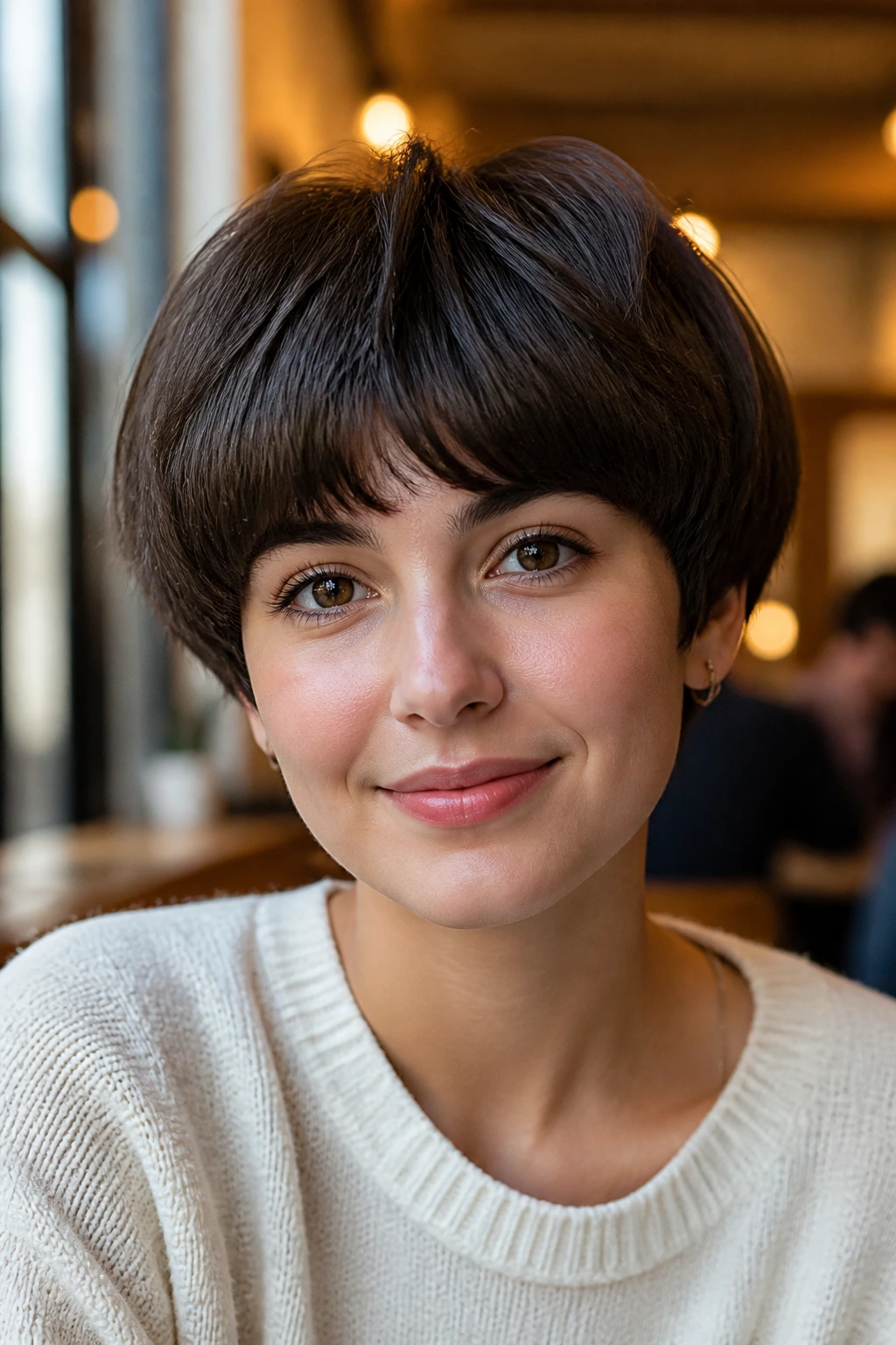 Close-up portrait of a real woman with a soft bowl cut showing the rounded head silhouette