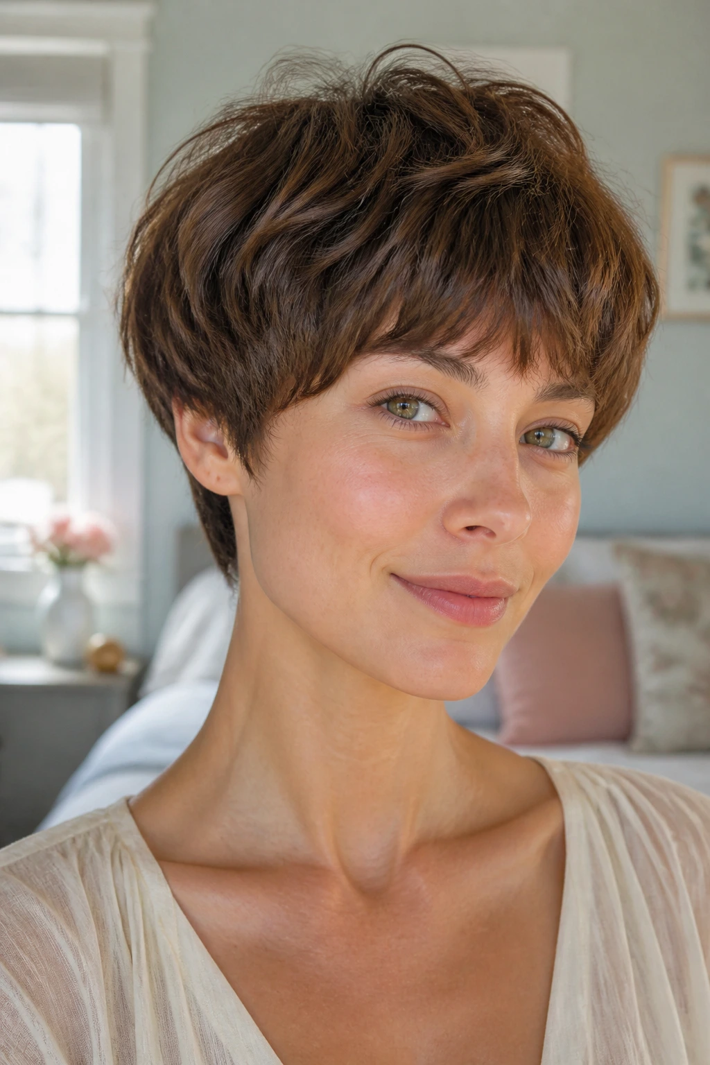 Close-up of a real woman with a soft bowl pixie and feathered ends by a window