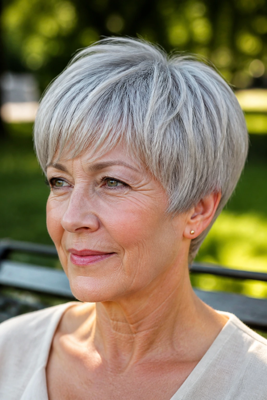 Close-up portrait of a real woman with soft bowl-inspired pixie and rounded silhouette