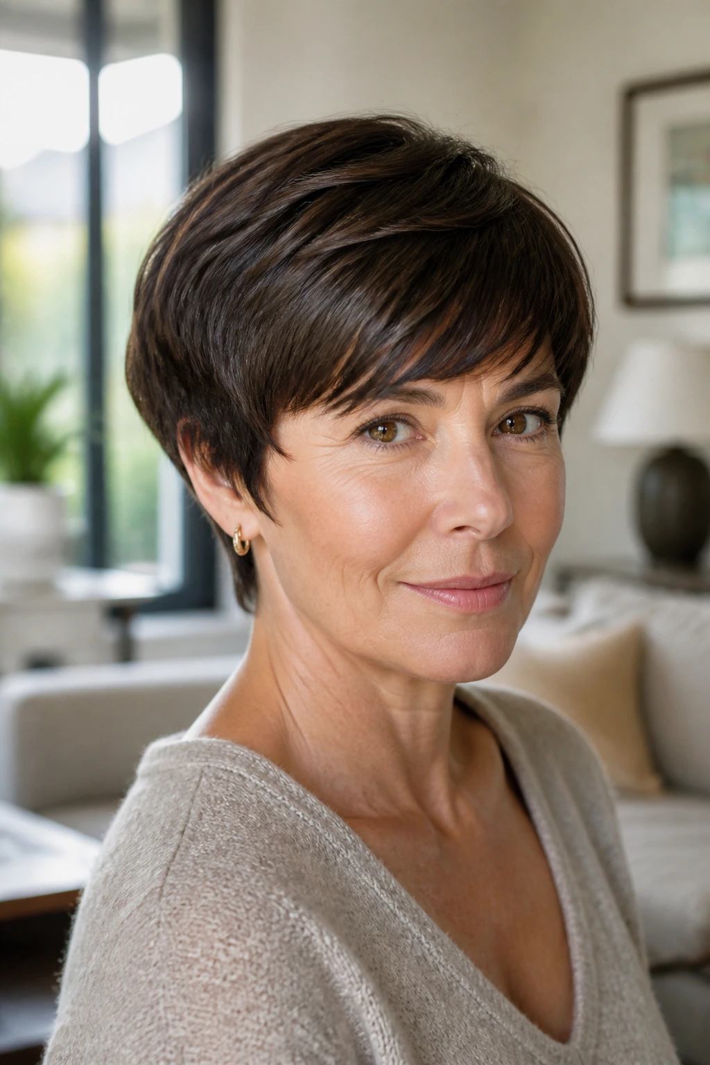 Close-up of a real person with a soft bowl pixie and rounded perimeter in a sunny room.