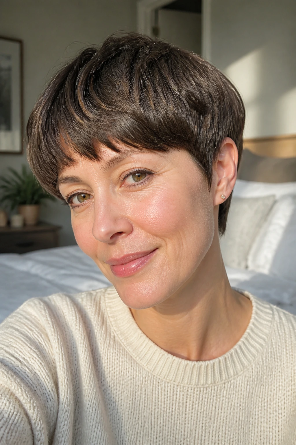 Portrait of a woman with a soft bowl pixie in a bright bedroom.