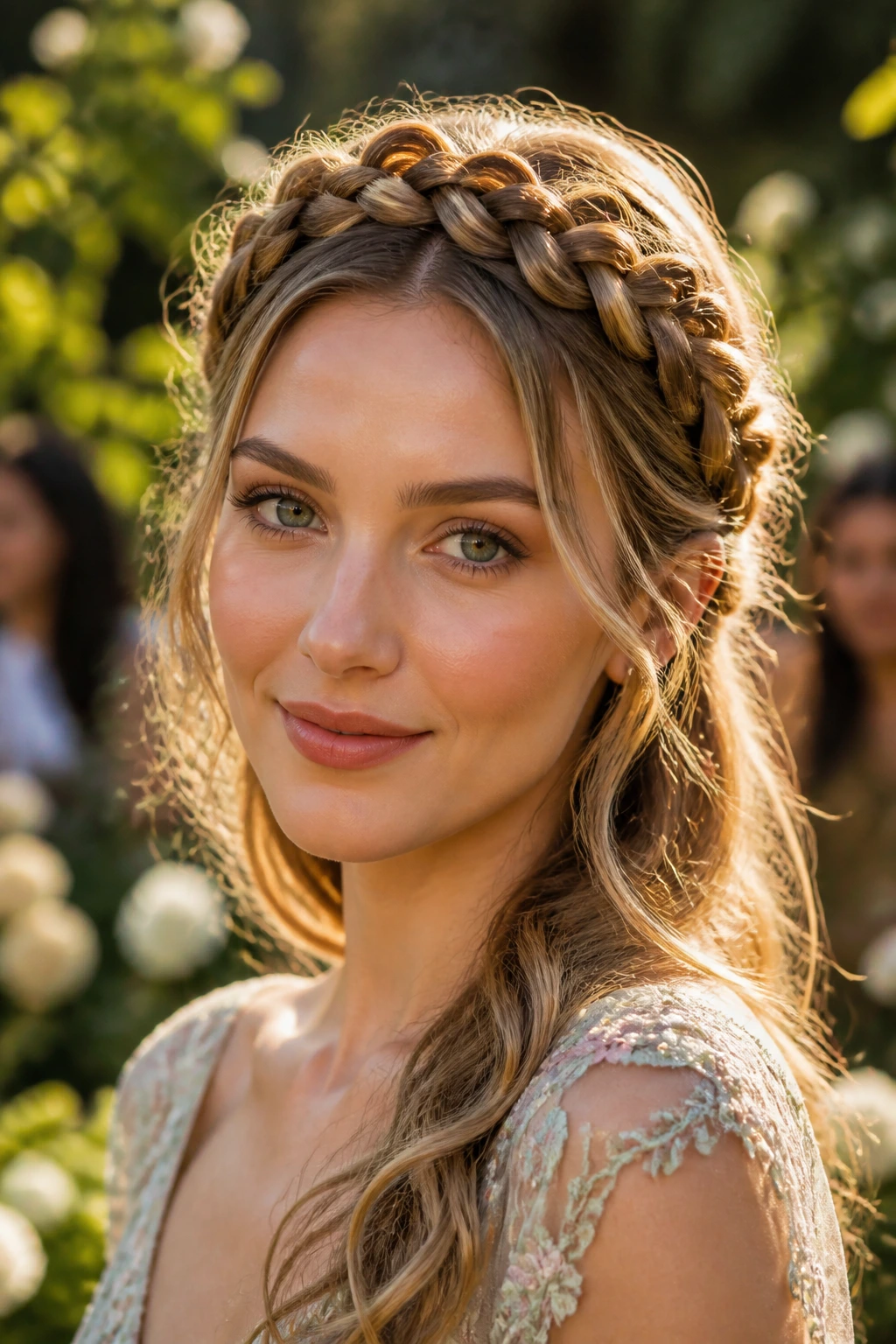 Close-up of a real woman wearing a soft braided crown hairstyle at a garden party.