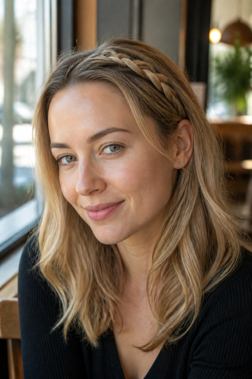Portrait of a real woman with a soft, loose braid across the crown in natural light.