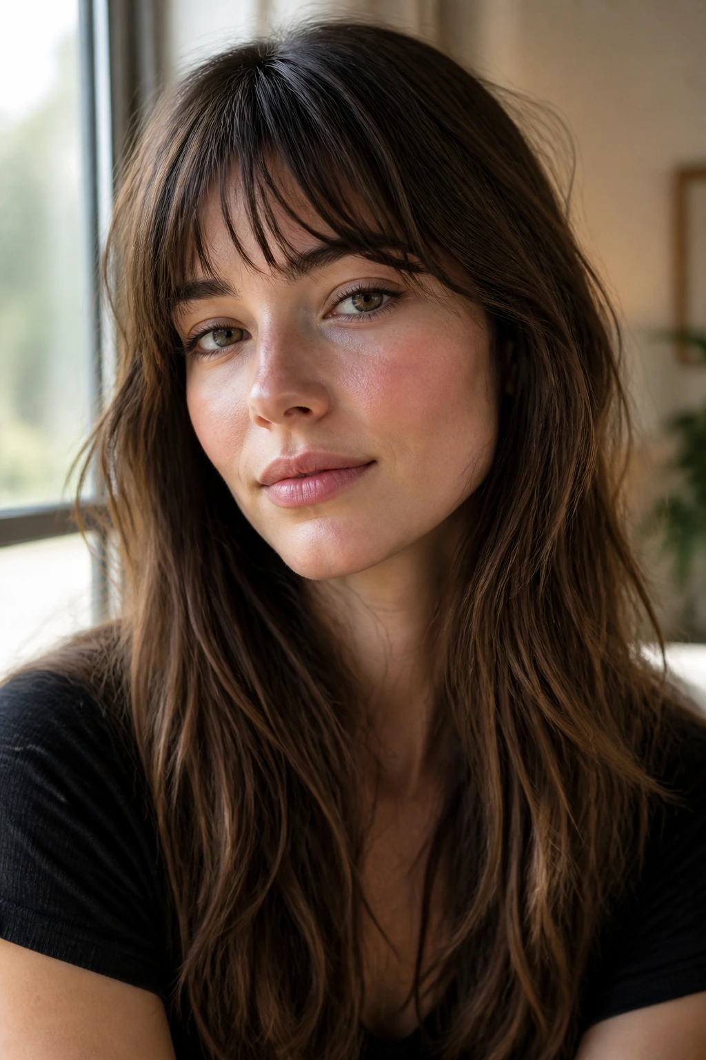 Close-up of a woman with a softer break fringe showcasing variation in choppy bangs