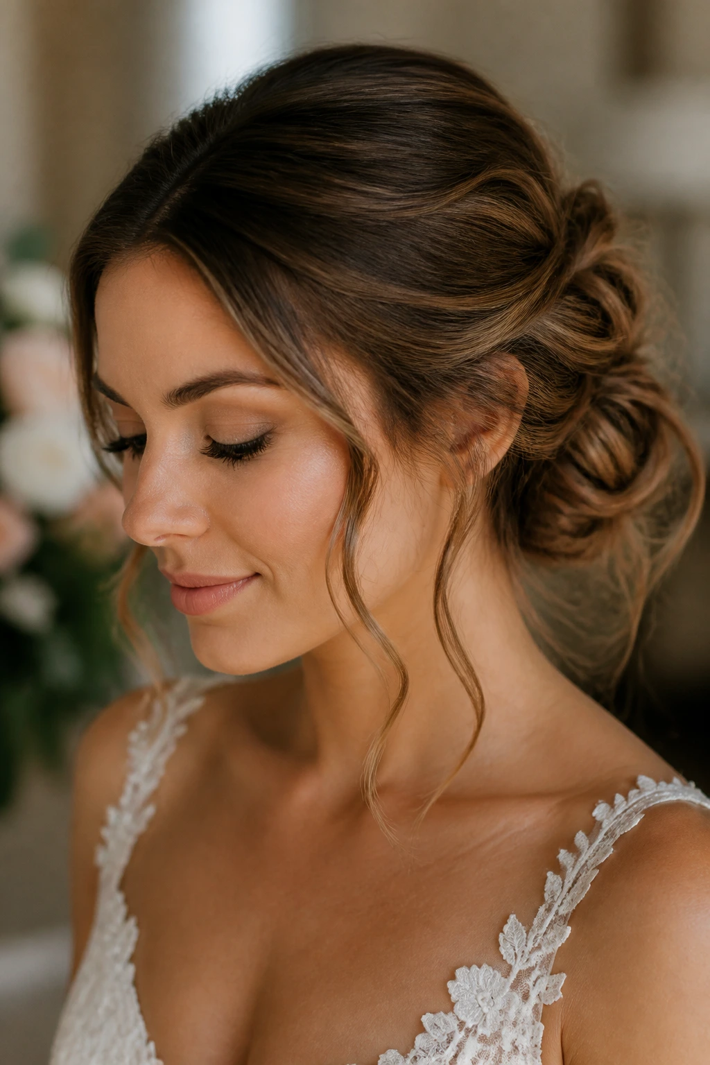 Bride in a soft balanced bridal updo with graceful movement