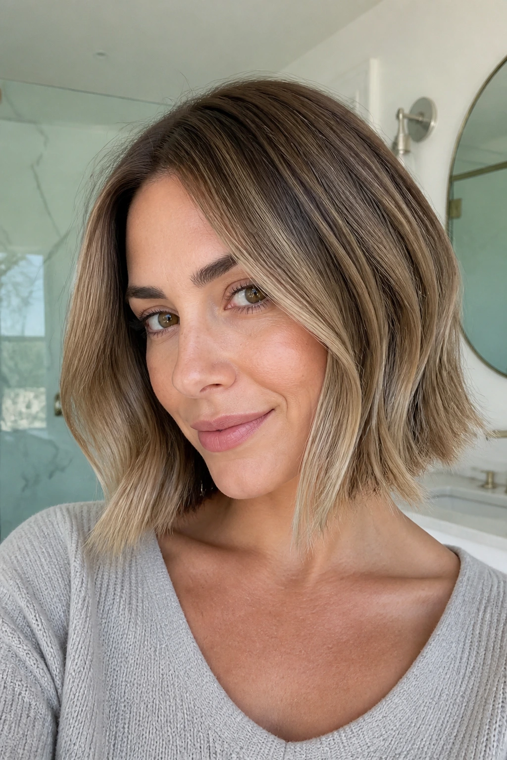 Close-up of a real woman with soft bronde bob under bright daylight