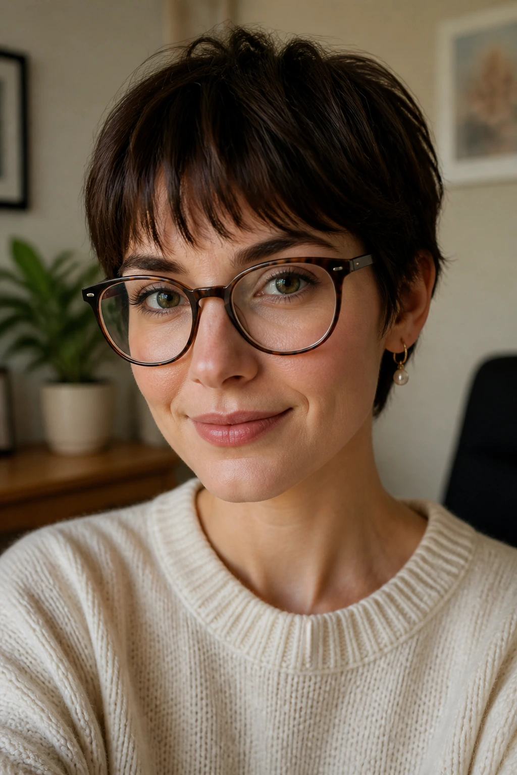Real person wearing glasses with soft brow-skimming fringe above the brows