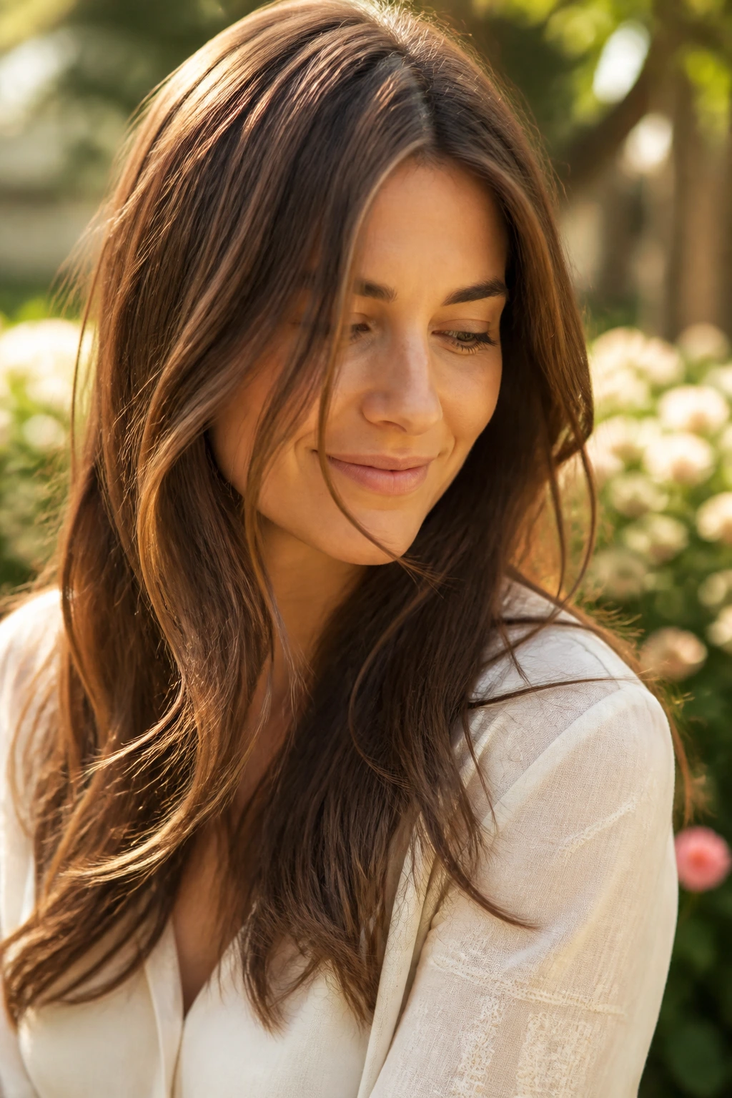 Close-up of a real woman with soft brown hair showing movement in natural light