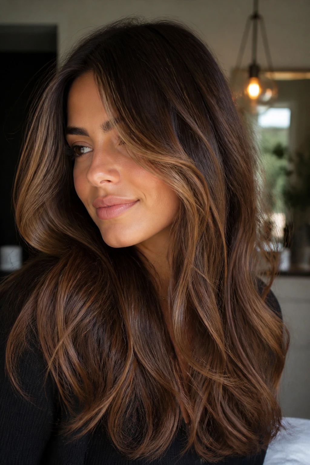 Close-up of brunette with soft, dimensional highlights in warm indoor light.