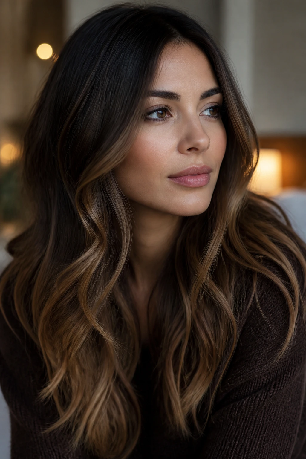 Close-up of a real person with soft brunette ombre, deep root shadow and caramel ends