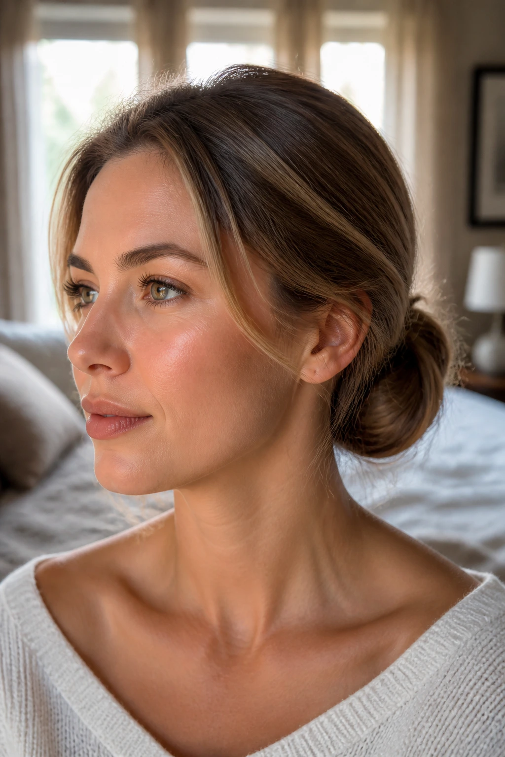Close-up portrait of a real woman with a soft low chignon bun in warm window-light bedroom.