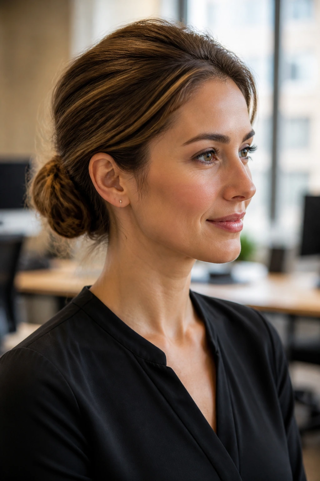 Office-safe soft bun on a real woman in an office setting; low bun with smooth front, crown lift, portrait