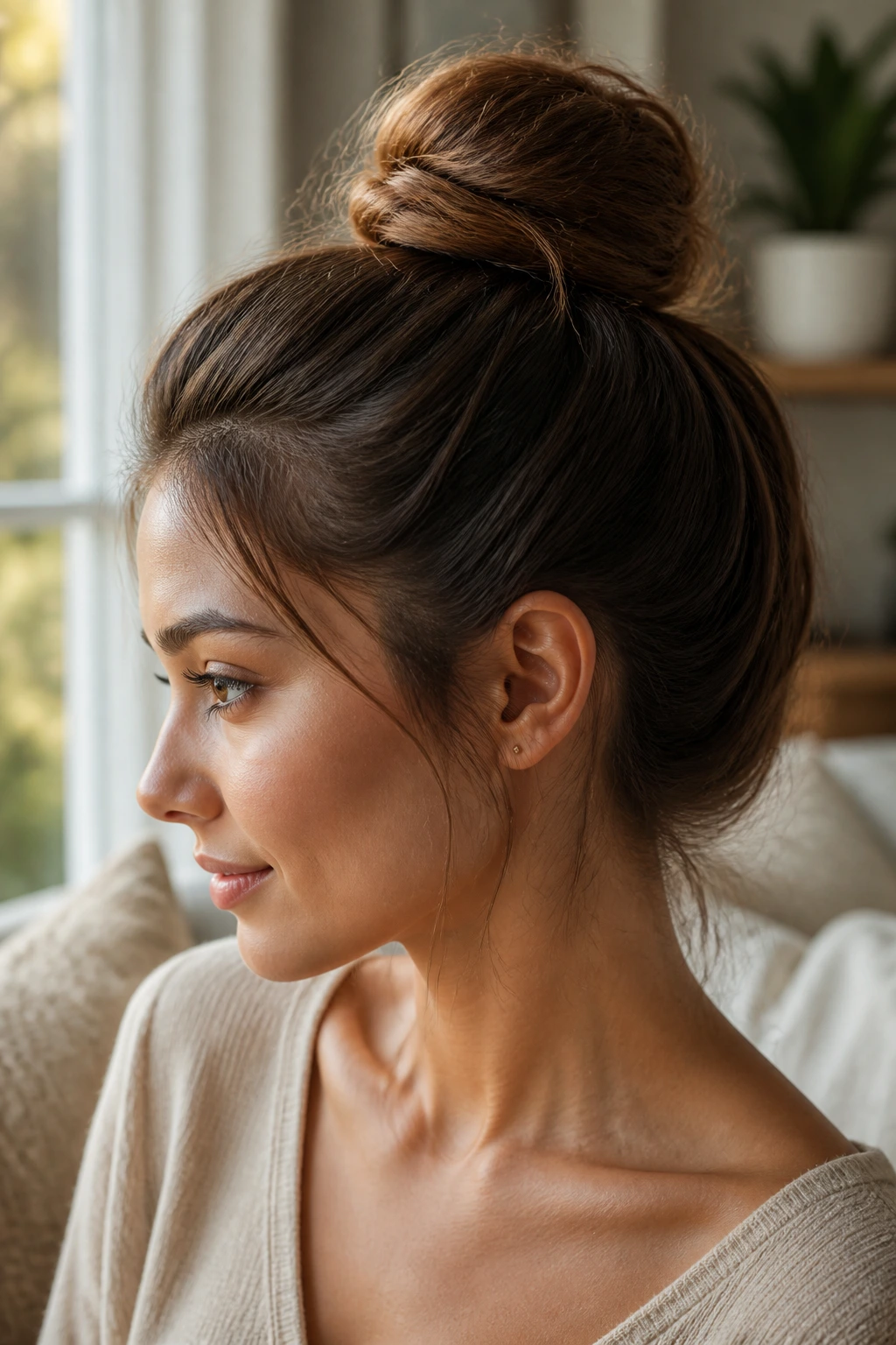 Close-up portrait of a real woman with a soft bun at the crown under warm window light