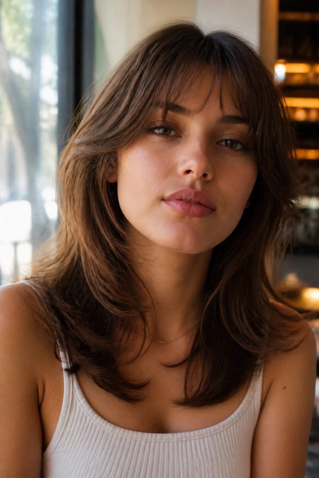Portrait of a woman with soft butterfly cut and wispy micro bangs