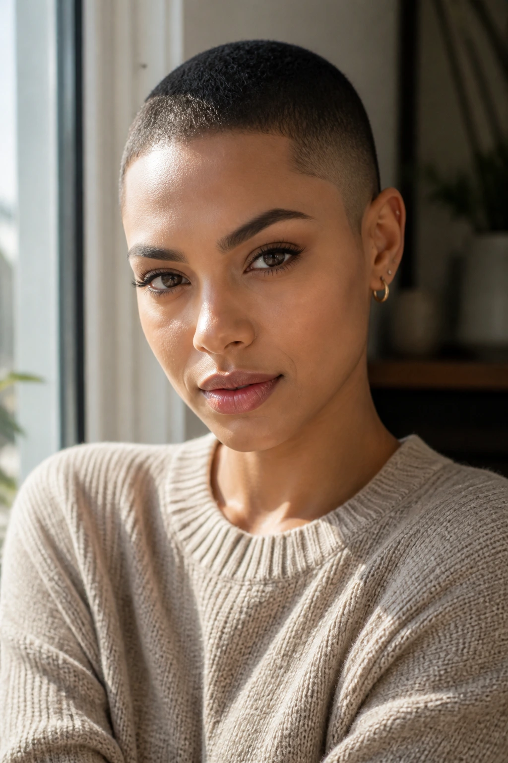 Close-up portrait of a woman with a soft buzz cut and feminine line-up