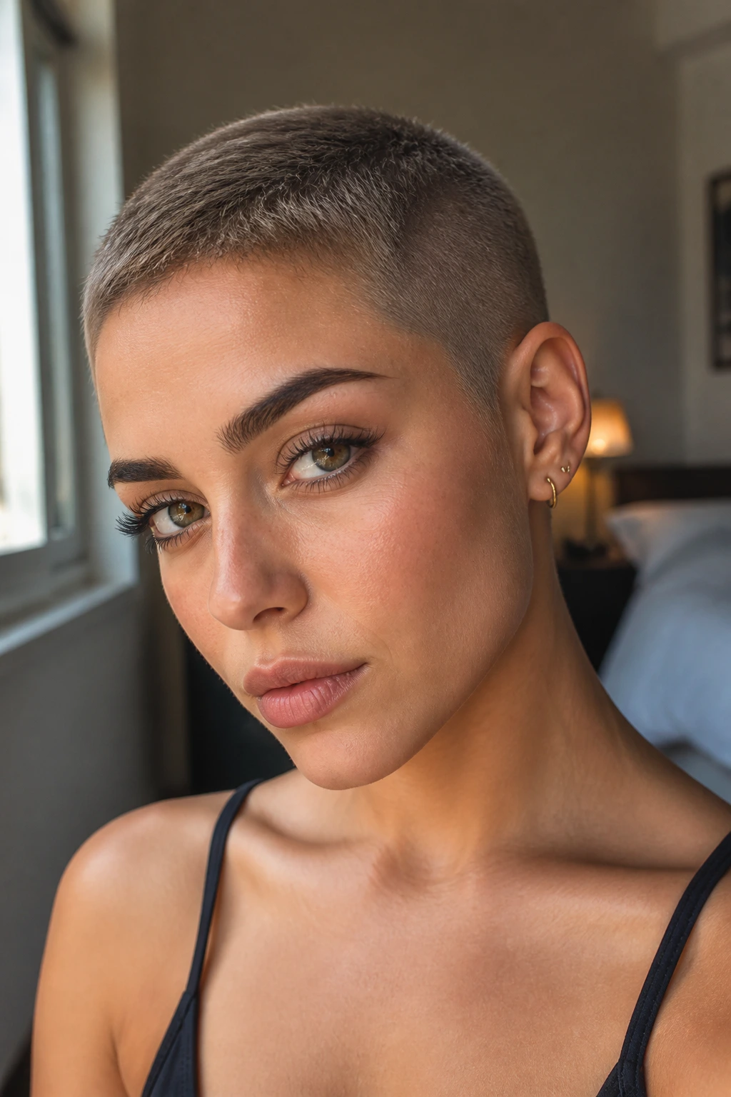 Close-up portrait of a real woman with soft buzzed pixie haircut, sides shaved and top softly textured