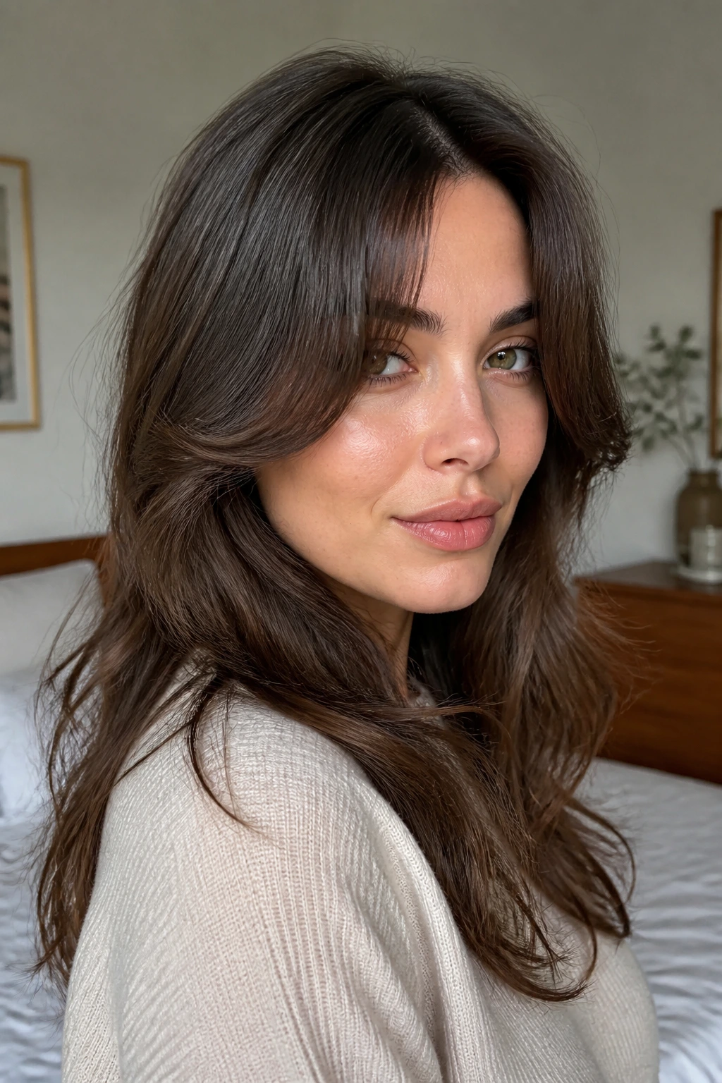 Close-up of a real woman with soft C-curve bangs wrapping around the face