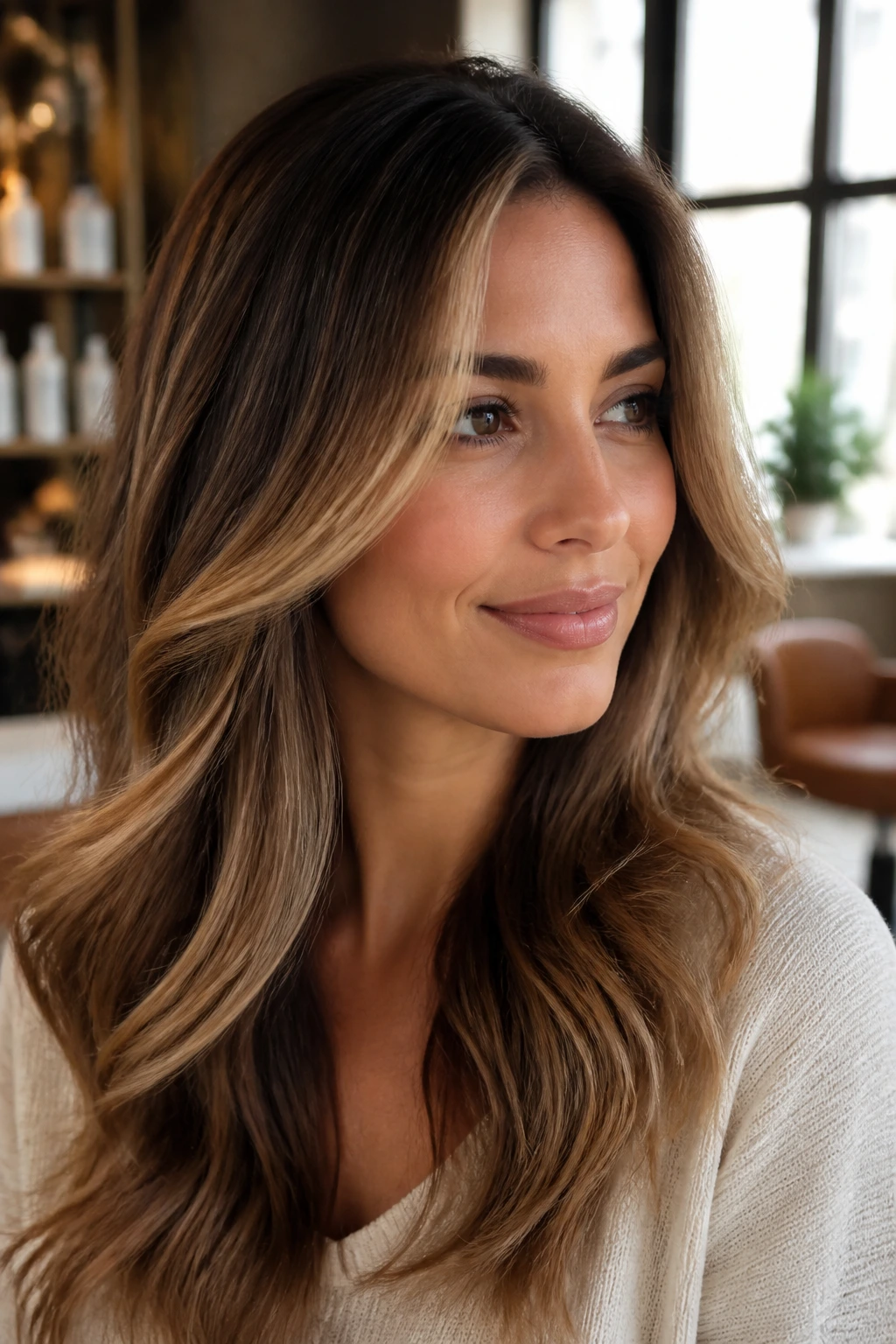 Close-up of a woman with soft caramel face-framing highlights in warm salon light