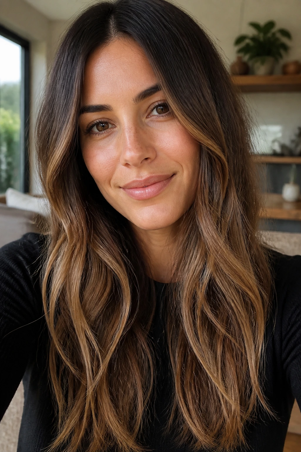 Close-up of a woman with soft caramel sombré hair