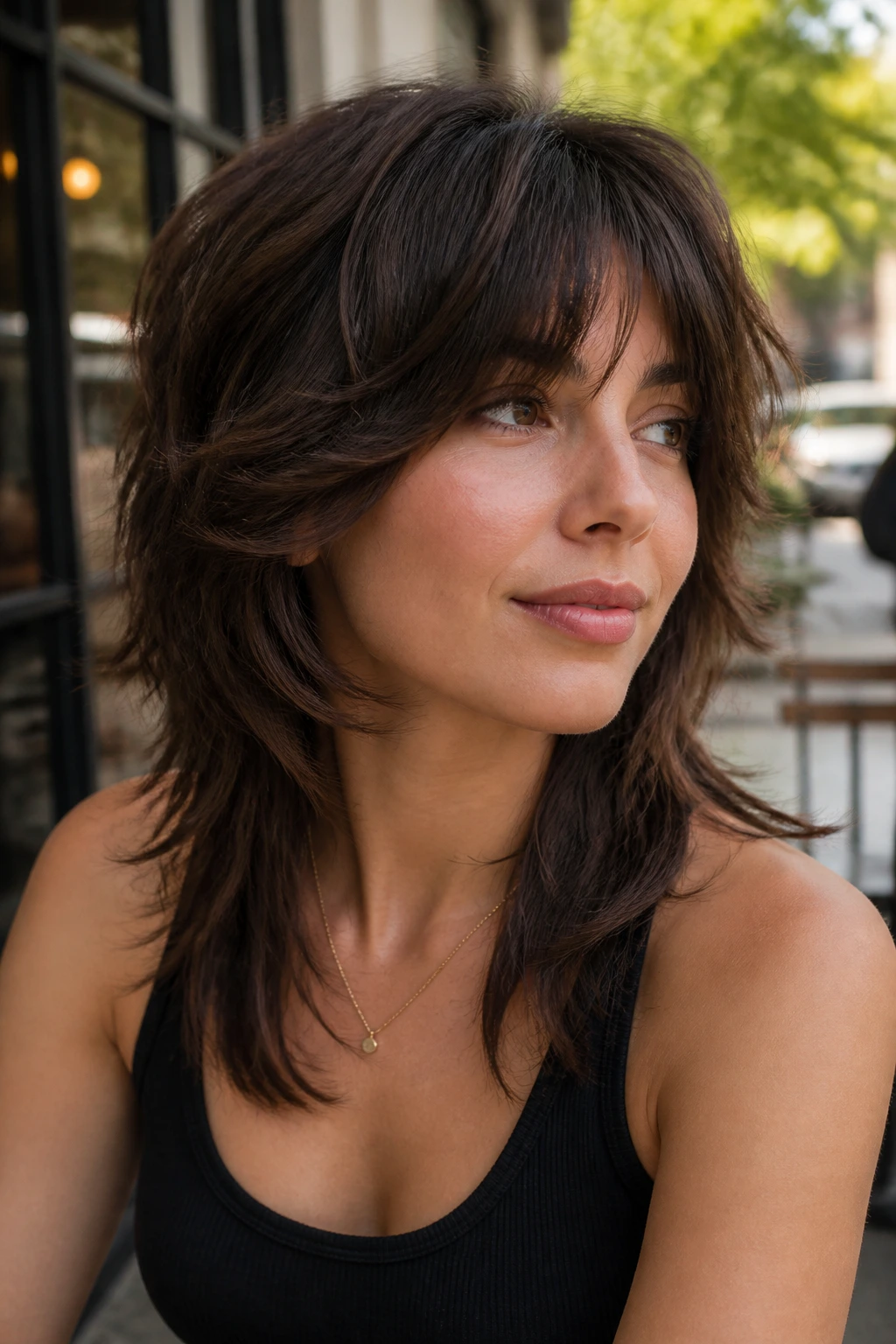 Close-up portrait of a real woman with a soft face-frame cascade mullet.