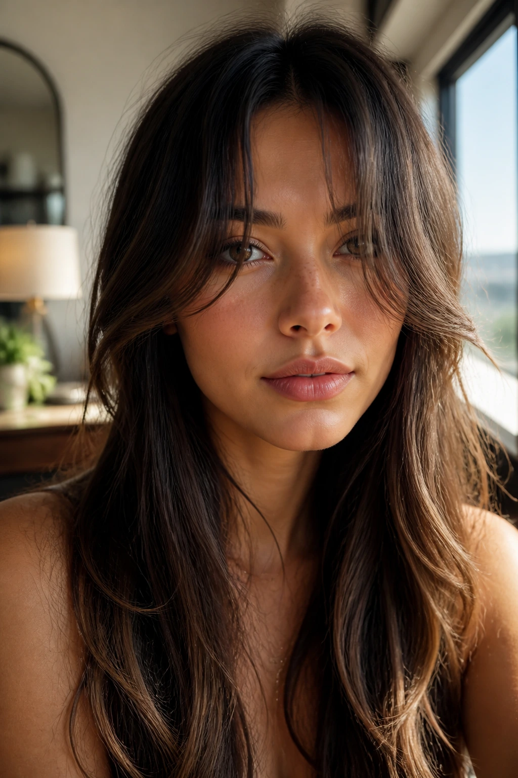 Close-up portrait showing soft center-part curtain bangs on a real person