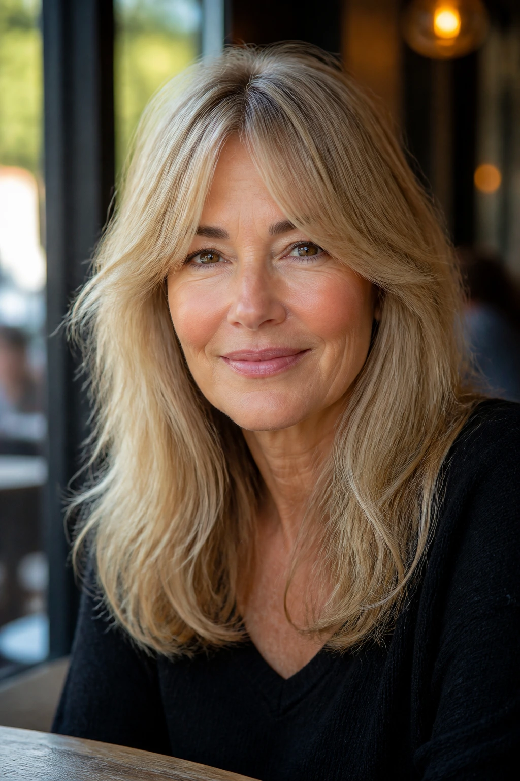 Close-up of real woman with soft center-part feathered bangs in cafe-window light