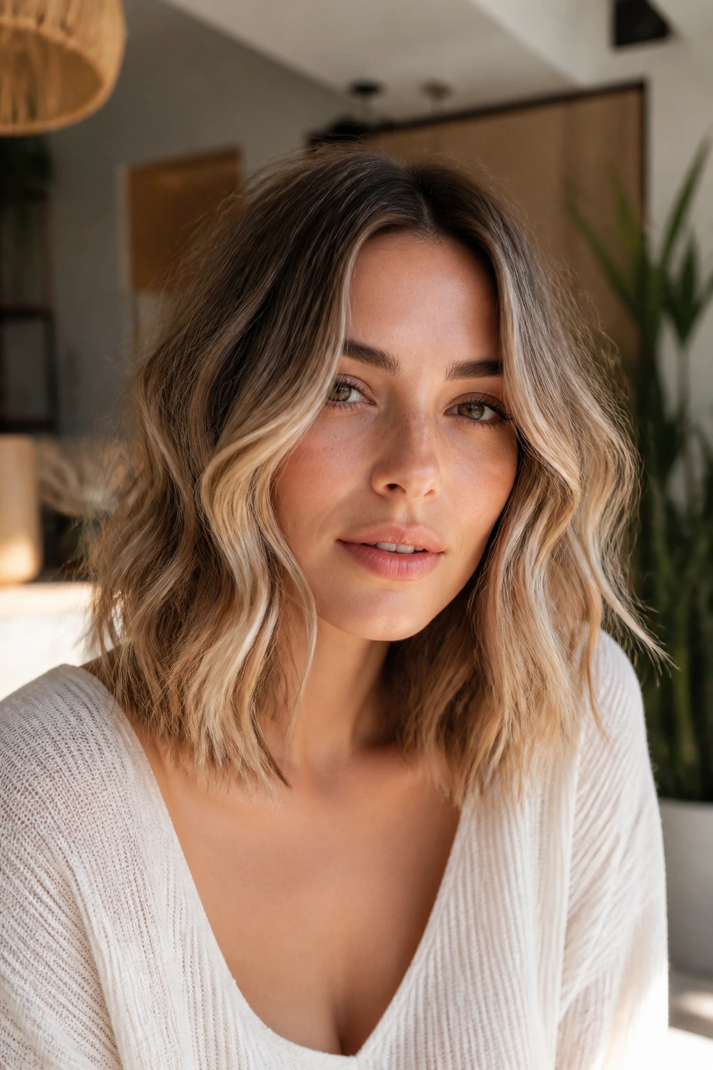 Real person with soft center-part lob waves
