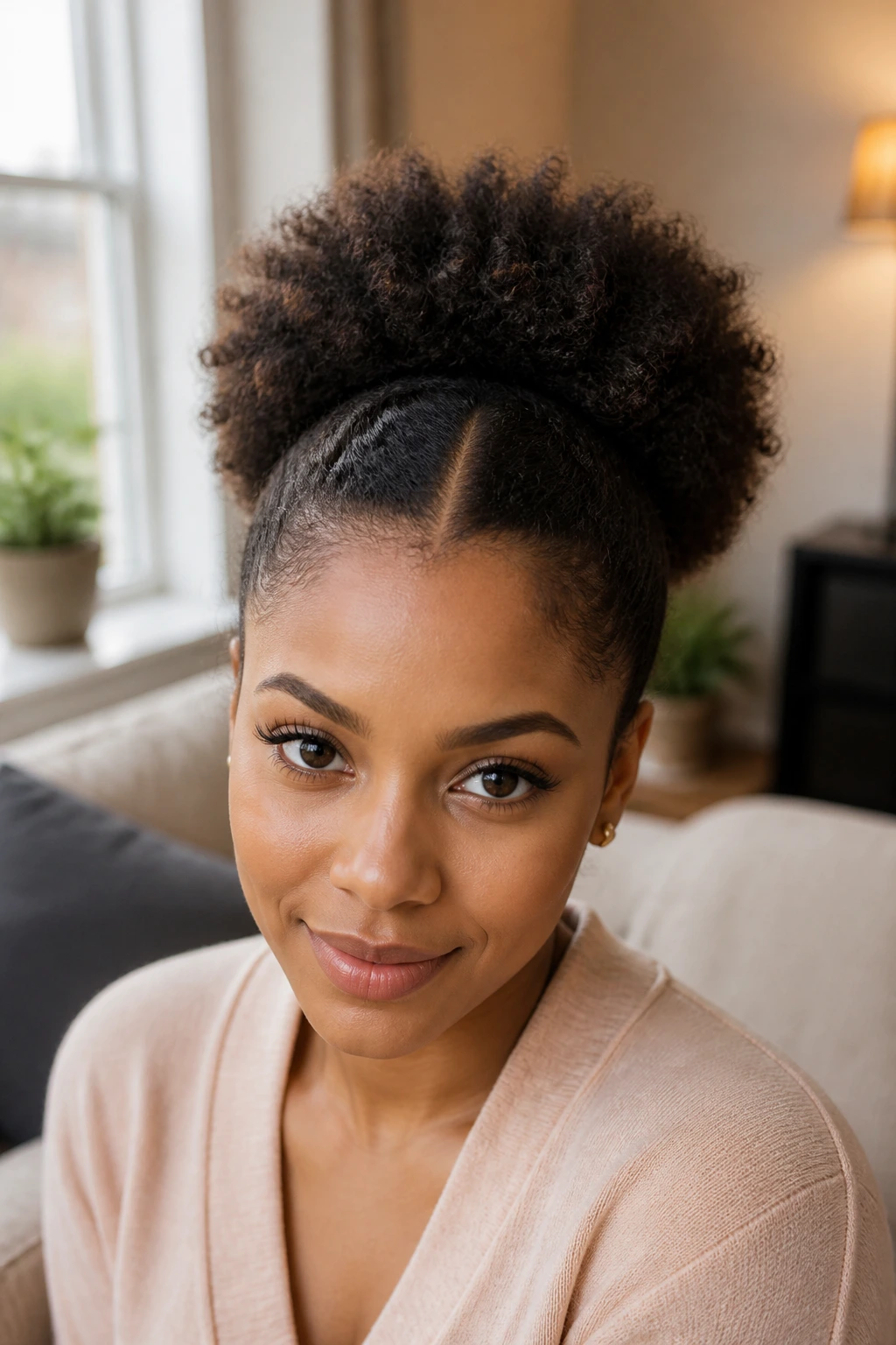 Soft center-part puff hairstyle on real person with gentle curvature