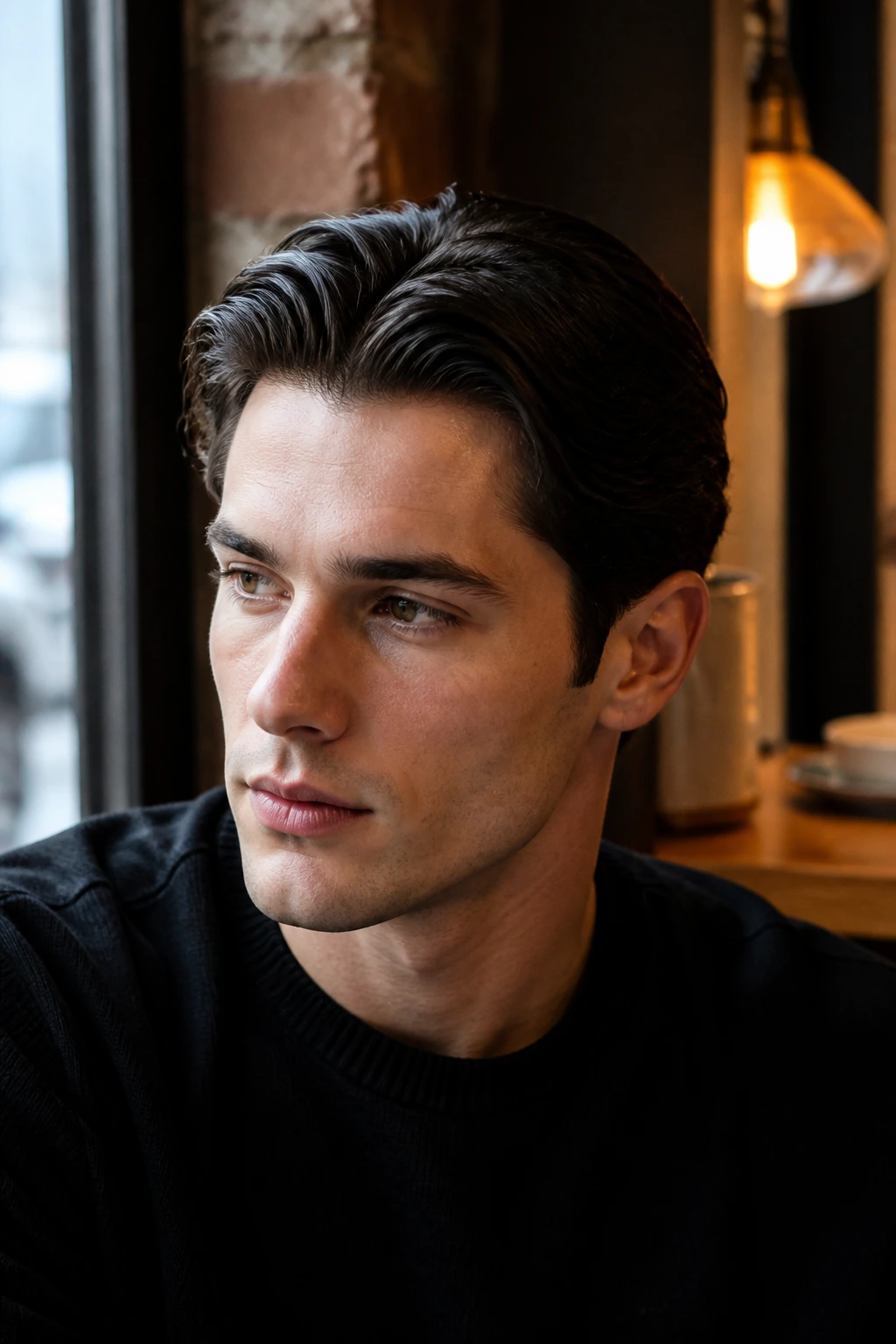 Portrait of a man with soft center-part slick back hairstyle in a cafe setting
