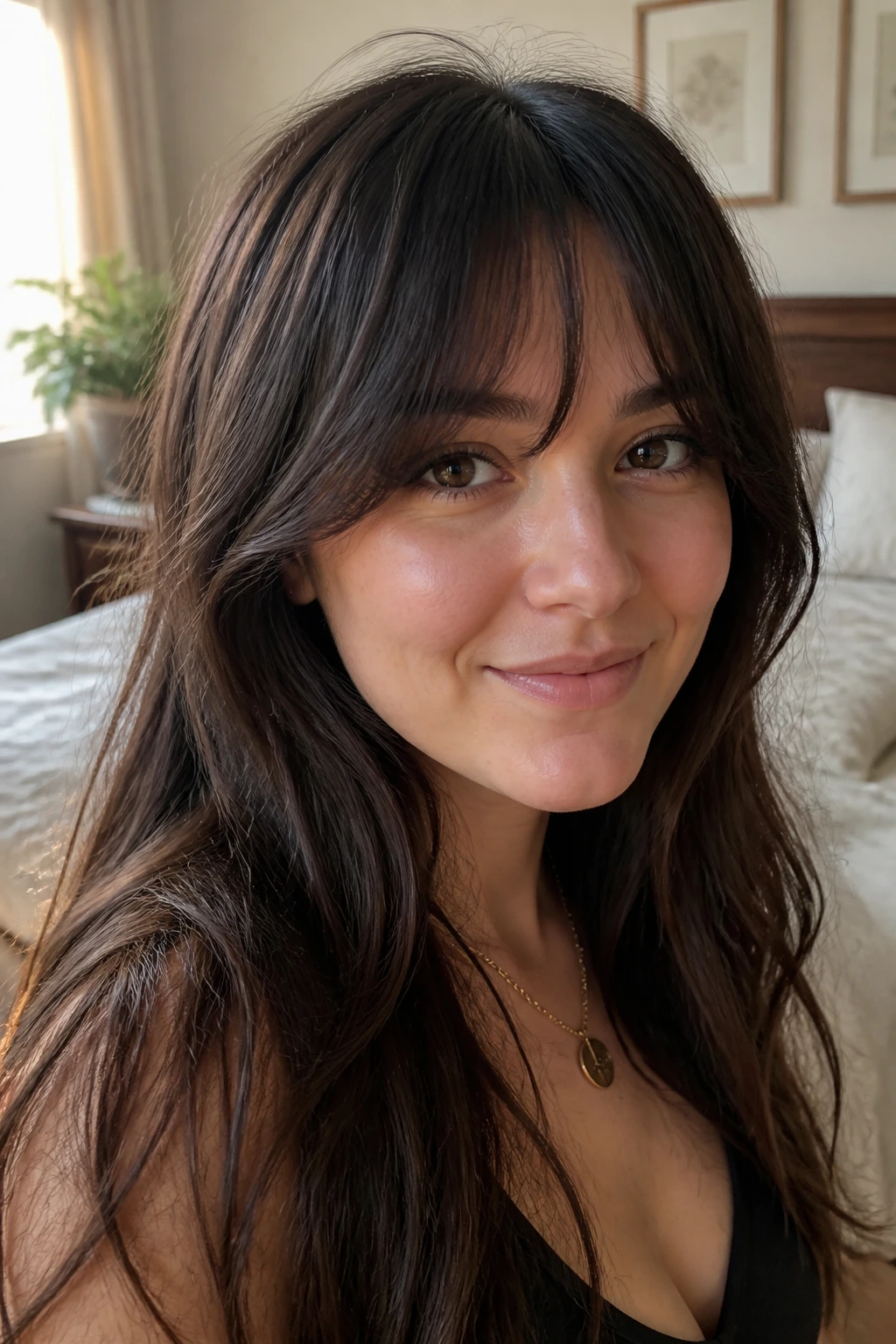 Close-up of woman with soft center sweep bottleneck bangs in warm light