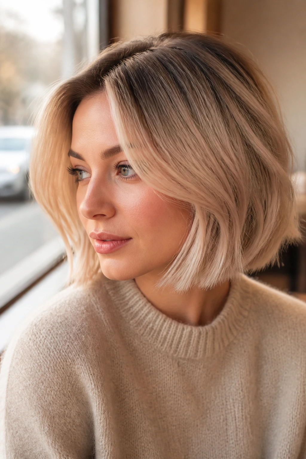 Close-up of woman with soft champagne blonde bob and gentle root fade.
