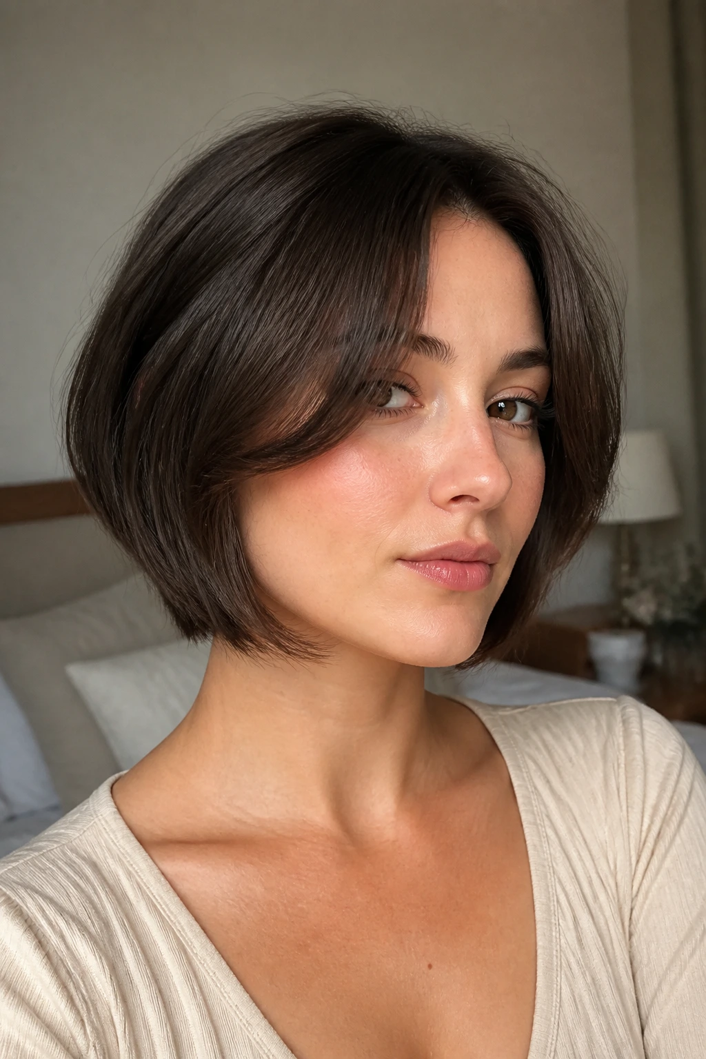 Soft cheekbone sweep bangs grazing the upper cheeks on a short bob