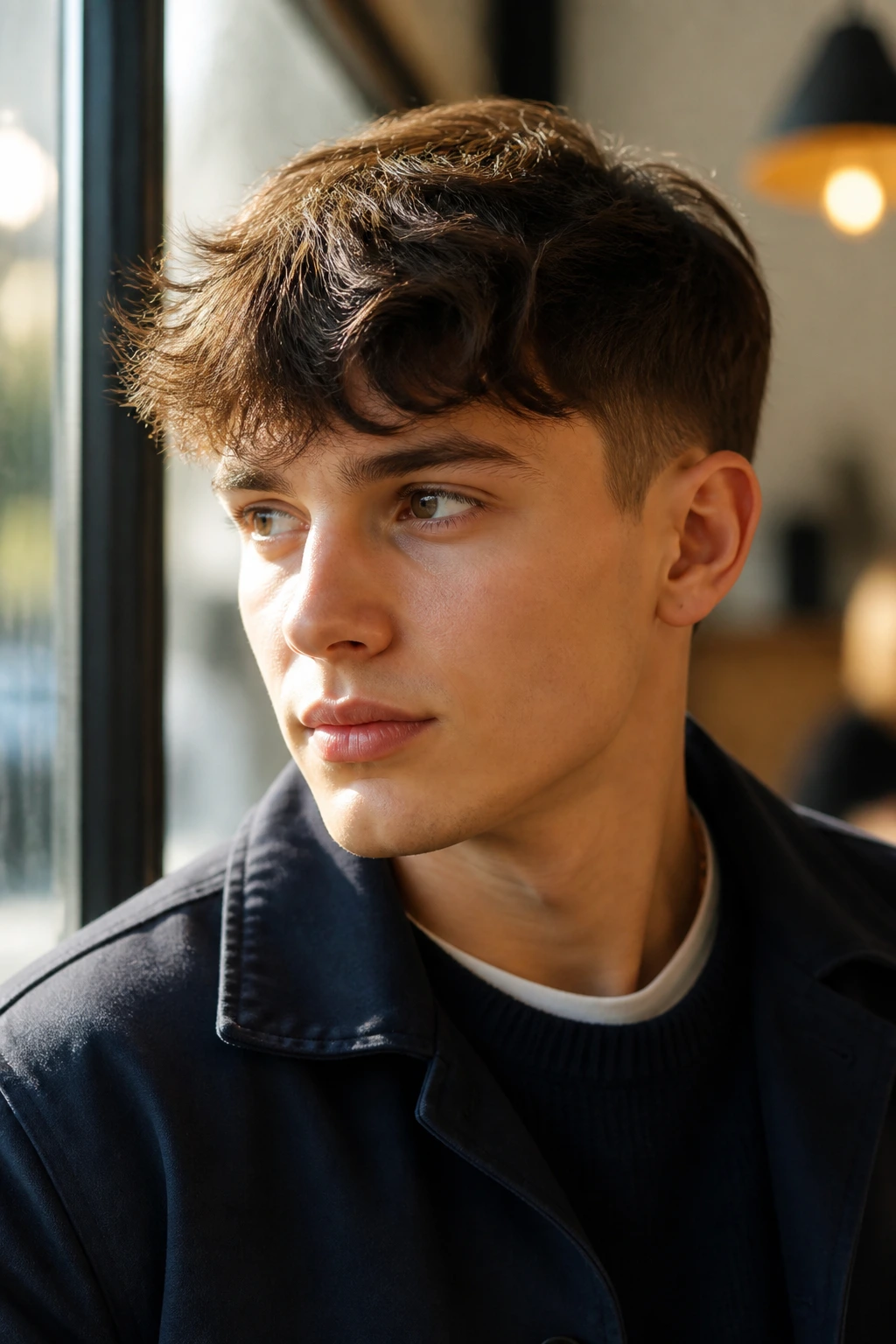 Close-up portrait of a real person with a soft Chelsea cut and tapered nape in a sunlit cafe