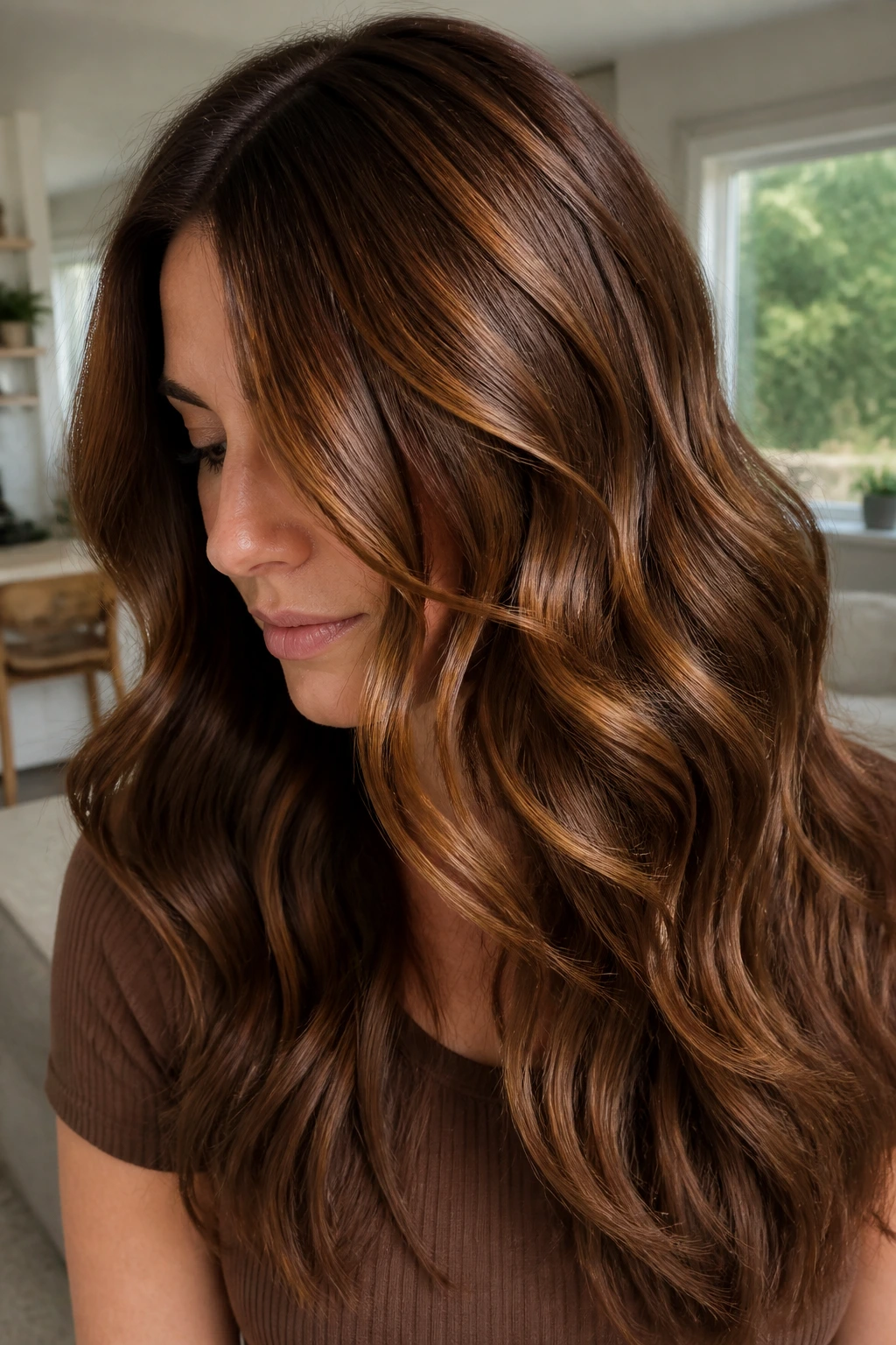 Close-up of chestnut hair showing soft multi-tone reflections.