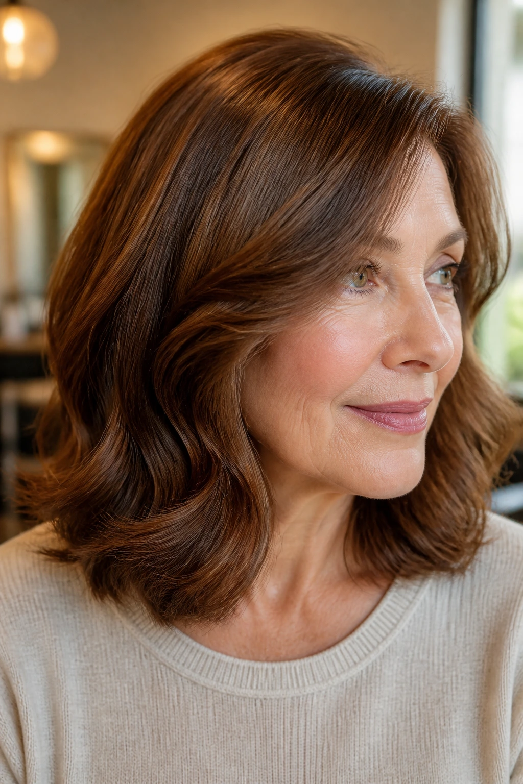 Close-up of an older woman with glossy chestnut brown hair and soft shine
