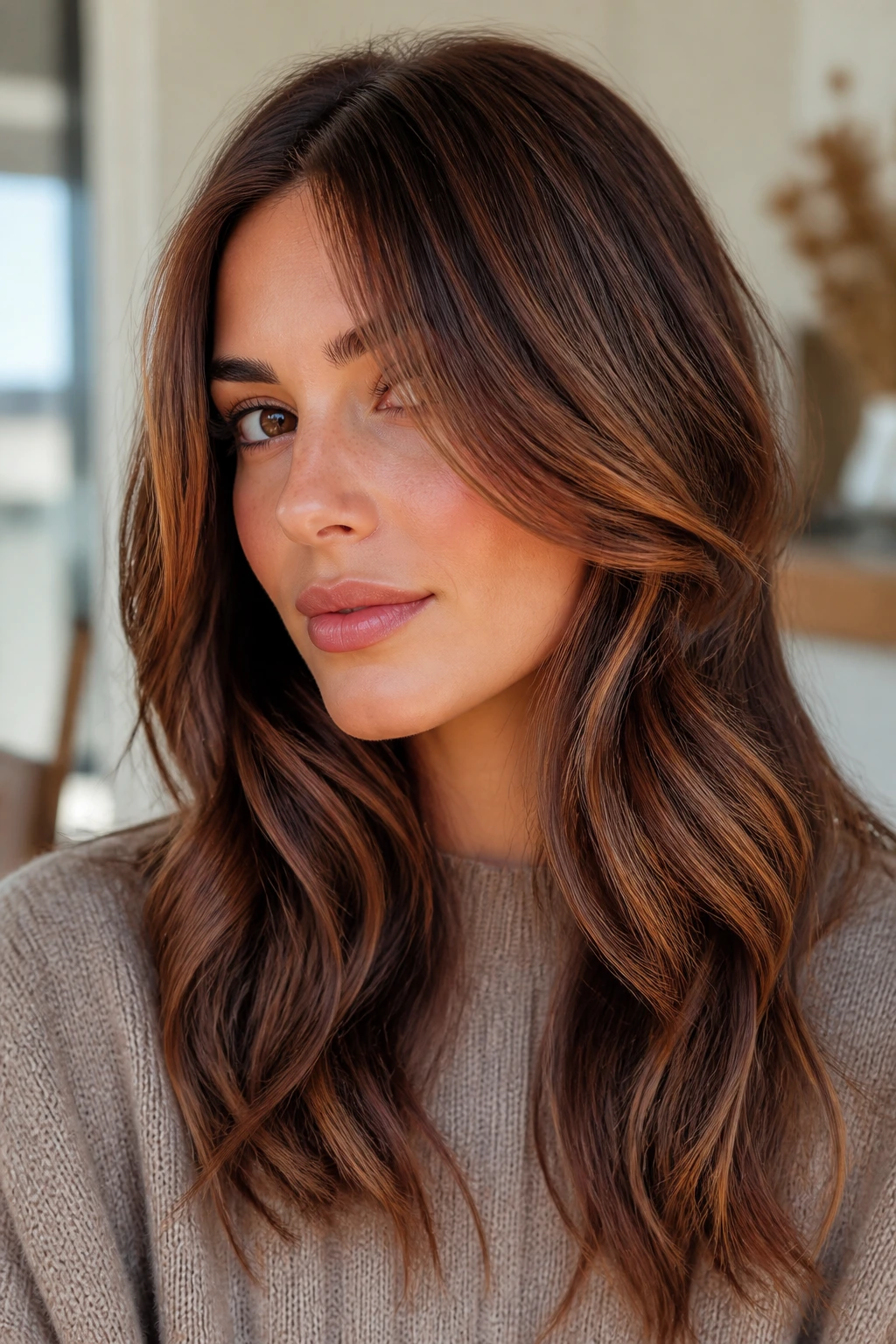 Portrait of a woman with softly styled chestnut hair and face-framing waves