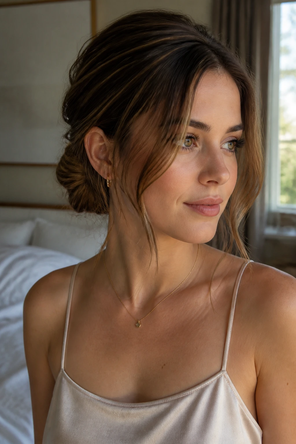Close-up of a woman with a soft chignon and face-framing pieces.